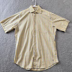 Peter Millar NanoLuxe Button Up Shirt Plaid Yellow Blue Short Sleeve Size 16/L
